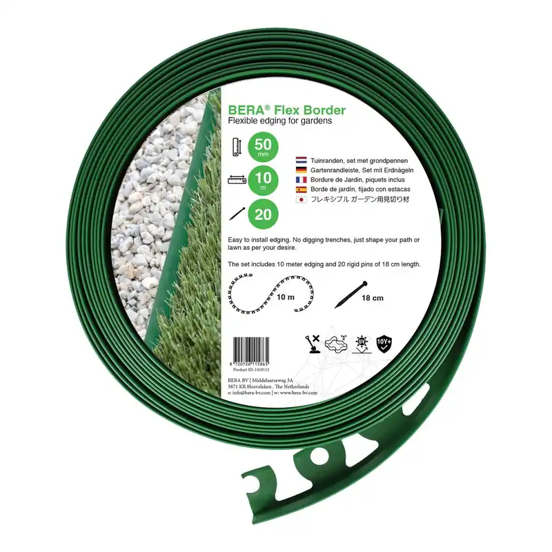 BERA – Bordure flexible verte, lot de 10 m, hauteur 5 cm (20 piquets inclus)
